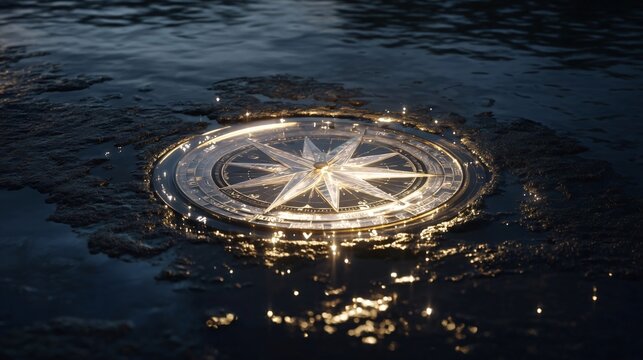 Guiding Light: A gleaming compass radiates amidst a mysterious, water-filled expanse, representing direction, navigation, and the allure of discovery.