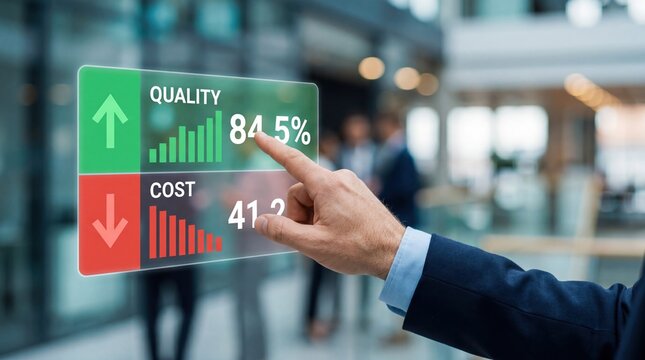 Businessman hand touching virtual screen showing quality up and cost down metrics, financial performance analysis, profit growth chart, corporate strategy and efficiency
