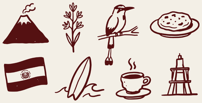 Collection of hand-drawn icons representing travel and culture, including a volcano, flag, surfboard, bird, coffee, and more.