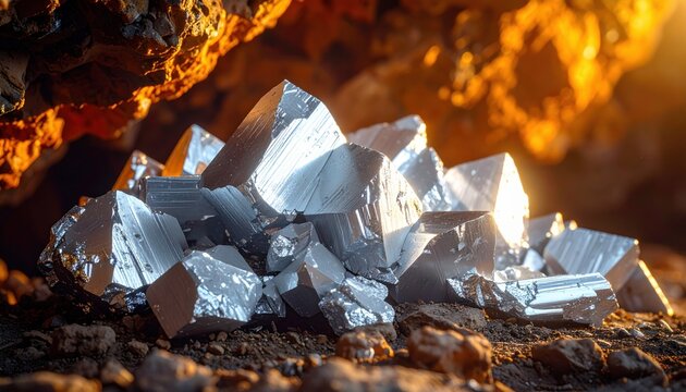 Raw Silver Ore Fragments with Metallic Lustre and Textured Rocky Surroundings