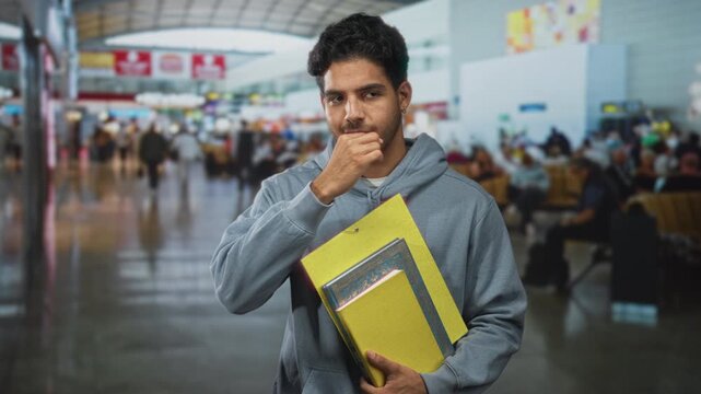 Man holding yellow folders in airport terminal, clutching documents to chest while glancing ahead; nervous anticipation.