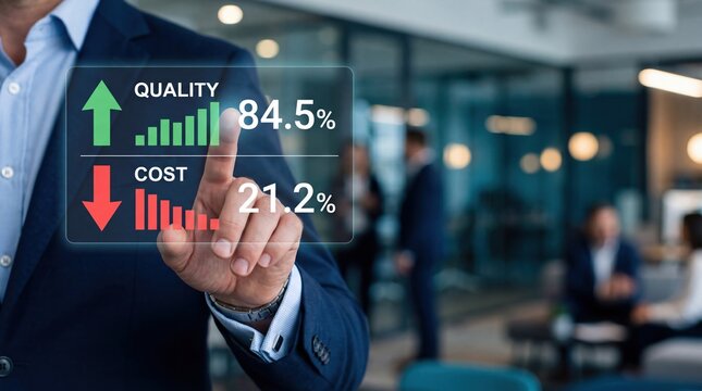 Businessman touching virtual screen displaying quality increasing to eighty four point five percent and cost decreasing to twenty one point two percent, efficiency optimization