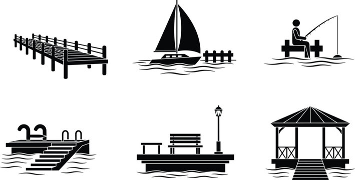 Lake pier icons set with fishing man sailboat gazebo dock swimming platform bench silhouette vector illustration collection for waterfront recreation design