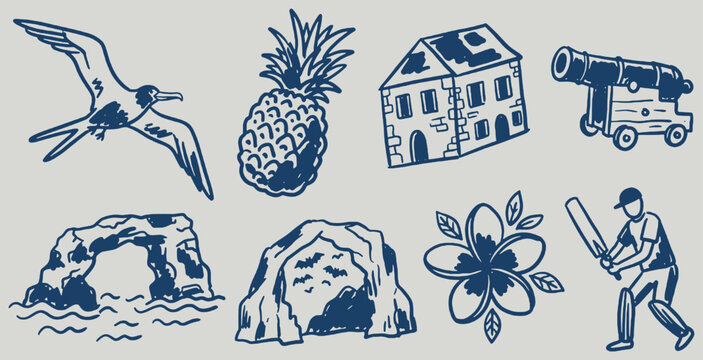 Collection of hand-drawn icons representing tropical island elements and activities.