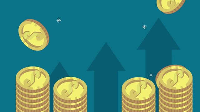 Dynamic motion graphic animation shows stacks of gold coins increasing in height with rising arrows on a teal background.