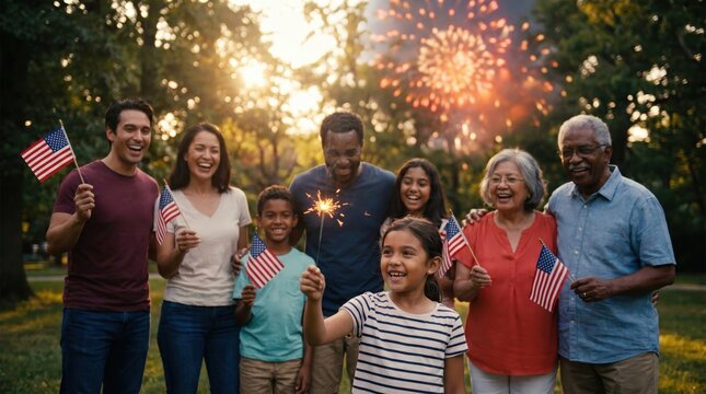 Family Celebrates USA Independence Day with Fireworks and Sparklers