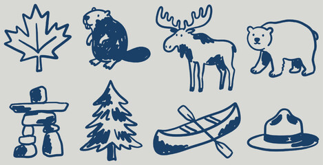 Collection of Canadian Symbols and Wildlife Icons in a Simple Line Drawing Style. © Riki