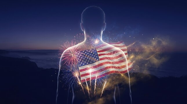 Man with American Flag and Fireworks for USA Independence Day
