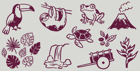 Fototapeta premium Collection of hand-drawn tropical elements including a toucan, sloth, frog, turtle, volcano, waterfall, cart, and plants.