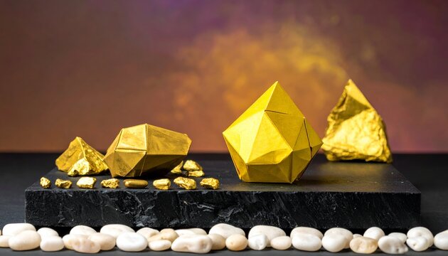 Golden, faceted rocks and pebbles displayed on stone slab