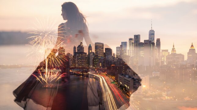 Woman Silhouette Celebrates USA Independence Day Over NYC