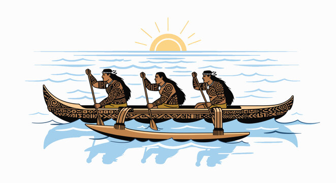 Illustration of three monkeys rowing a canoe on calm water with a sunny background.