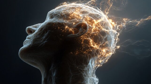 Mental Metamorphosis: A depiction of the human mind undergoing transformation, with the silhouette of a head dissolving into radiant energy.