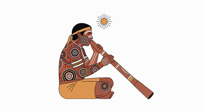 Illustration of an Aboriginal man playing a didgeridoo outdoors under sunny conditions with traditional body paint.