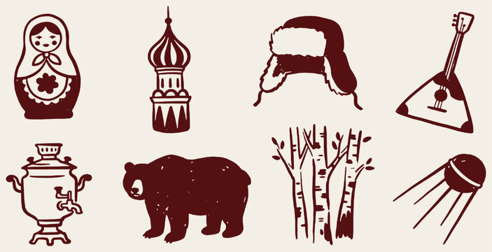 Collection of Russian cultural icons and symbols, including a Matryoshka doll, St. Basil's Cathedral dome, Ushanka hat, Balalaika, Samovar, Bear, Birch trees, and Sputnik satellite.