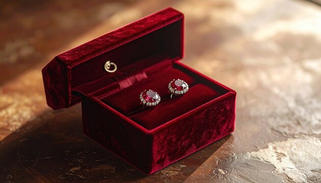 Exquisite deep red velvet jewelry box holding a pair of dazzling ruby and diamond earrings, showcasing luxury and elegance