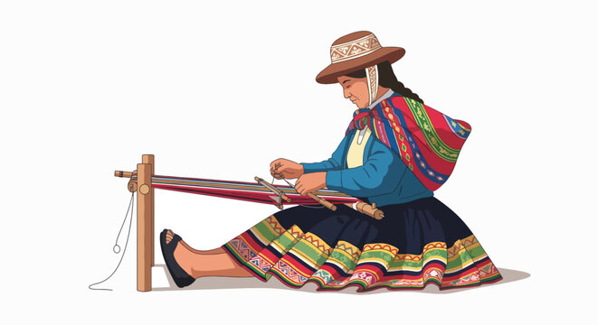 Woman in traditional Andean clothing sitting and weaving on a wooden loom with vibrant textiles, against a plain white background.