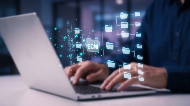Enterprise Content Management (ECM) and Centralized Database Concept: Hands on Laptop with Holographic Folder Tree and Digital Data Hub