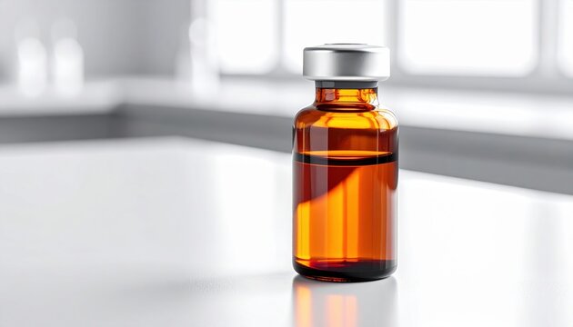 Glistening Amber Glass Vial Filled With Liquid and Sealed With Silver Cap on White Surface