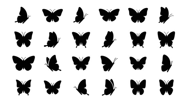 Collection of Black Butterfly Silhouettes on a White Background, Showcasing Various Poses and Angles