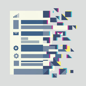Modern AI futuristic minimal interface design in 2026 with abstract glitch effect and digital fragmentation