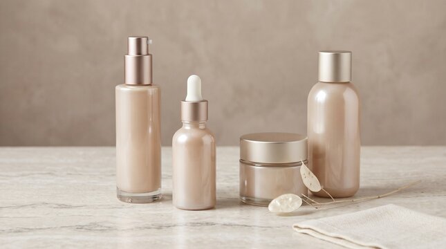 Luxury Skincare Bottles Mockup on Beige Background