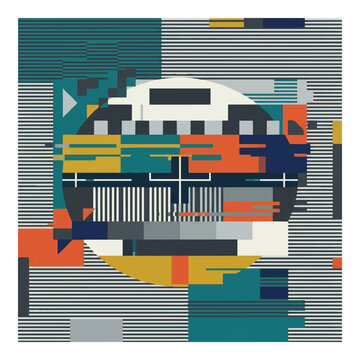 Modern minimal futuristic abstract 2026 AI art with digital glitch effect and geometric shapes on a striped background, representing technology and data flow