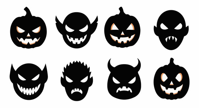 Diverse collection of spooky Halloween icons featuring jack-o'-lanterns and monstrous faces
