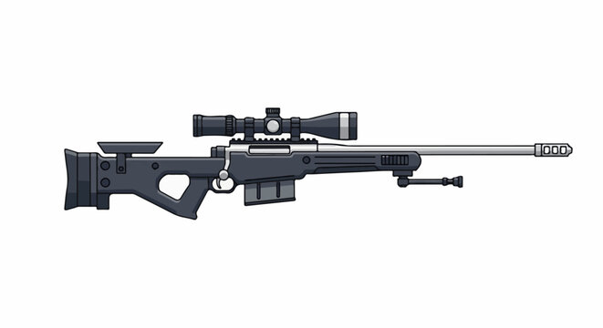 Detailed pixel art illustration of a scoped sniper rifle with bipod and magazine