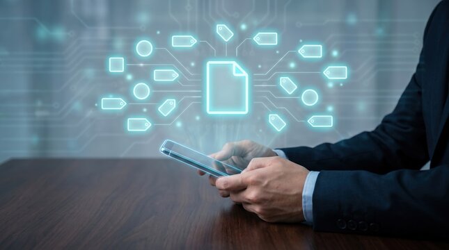 Digital Document Management and Metadata Tagging Concept: Smartphone with Holographic File Icon, Interconnected Data Labels, and Cyan Glow Interface