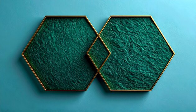 Two green hexagon artworks with golden frames on a blue wall