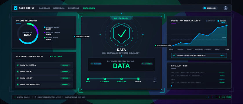 Futuristic tax filing dashboard interface with income telemetry, document verification, deduction chart, audit log and compliance check