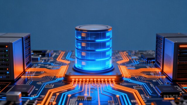 Circuit board with glowing data tower