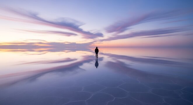 Solitude at Sunrise on Salt Flat Salt Flat Sunrise Reflection Landscape Nature Travel Serenity. Concept featuring salt flat, sunrise, reflection, landscape, nature for professional commercial design.