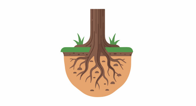 Cross-section of a tree trunk showing roots in soil with grass