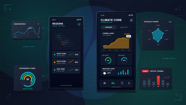 Dark vector climate monitoring dashboard with mobile app screens, regional status cards, thermal index chart, air quality radar and alert panels.