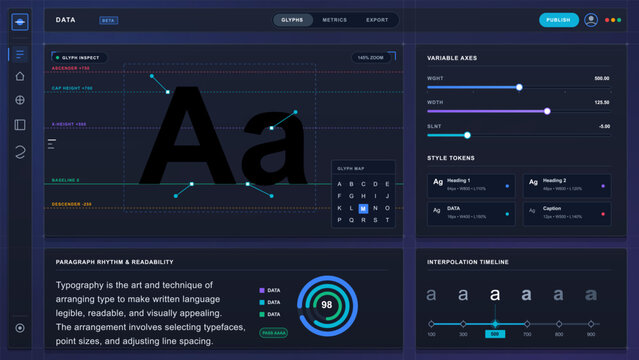 Dark futuristic typography design dashboard showing glyph inspection, variable axes sliders, style tokens, readability score, and timeline panels