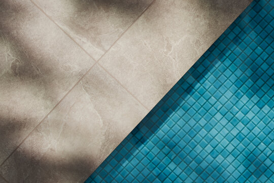 Luxury swimming pool with granite tiles and shadow light mockup template. Tropical summer background. Poolside aesthetic product placement. Minimal pool design for modern brand display