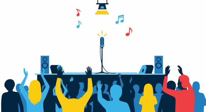 Crowd cheers for a performance with a microphone, speakers, and music notes
