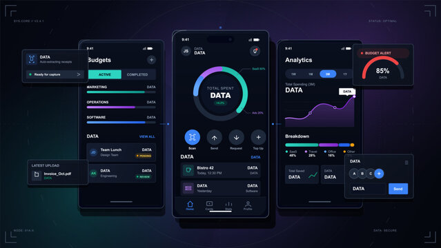 Dark finance mobile app dashboard vector interface with budget tracking, expense analytics, receipt capture, spending chart and payment widgets