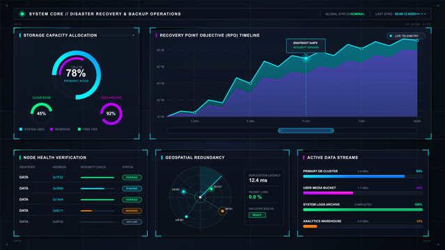 Dark disaster recovery dashboard interface with storage capacity gauges, backup timeline chart, node health table, redundancy map, and data streams.