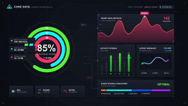 Dark fitness telemetry dashboard with recovery score rings, heart rate chart, activity streak, workout route, and sleep stage analytics
