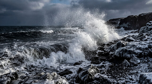 Freezing Sea Spray Crystallizing Above Brutal Winter Waves for Dramatic Arctic Coastal Photography Wall Art