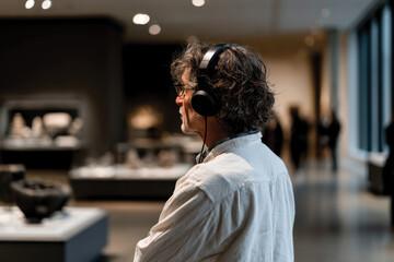 Fototapeta premium Man in Gallery Wearing Headphones Listening to Audio Guide, Quietly Admiring Artwork, Personal Reflection and Artistic Exploration, Immersive Museum Experience Scene