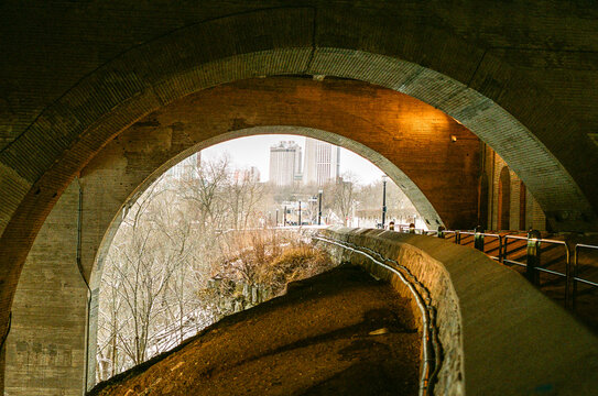 Rainbow Bridge in Niagara Falls, Ontario captured on film
