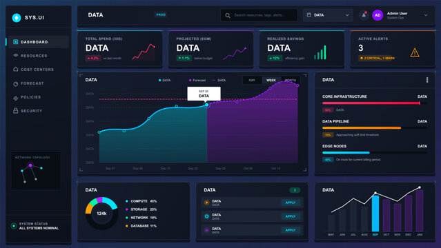Futuristic dark analytics dashboard vector interface with sidebar navigation, neon line charts, metric cards, alerts, and system status panels.