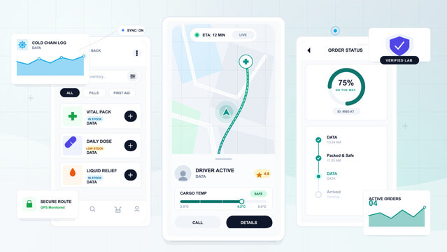Medical cold chain delivery app screens with inventory list, live route map, order status tracker, cargo temperature bar, and verified lab badge.