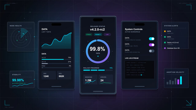 Futuristic dark mobile dashboard interface with analytics charts, release status gauge, system controls, alerts, and neon cyan accents.