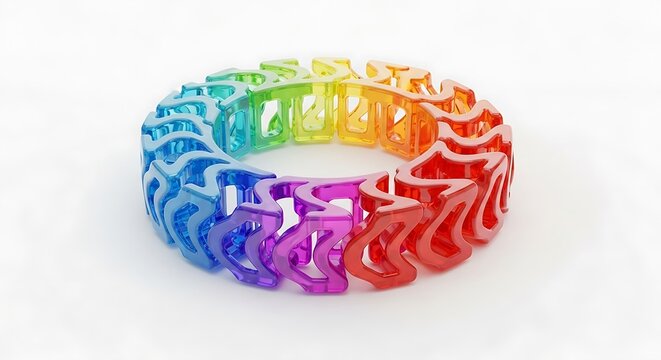 Rainbow-colored 3D printed bracelet with interlocking puzzle pieces isolated on white background