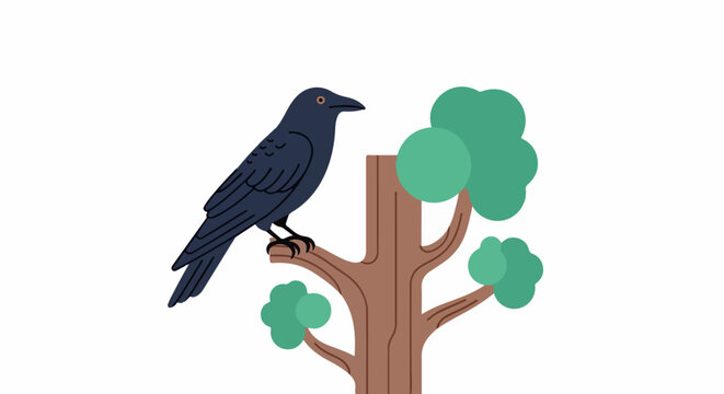 Dark bird perched on a brown tree branch with green foliage